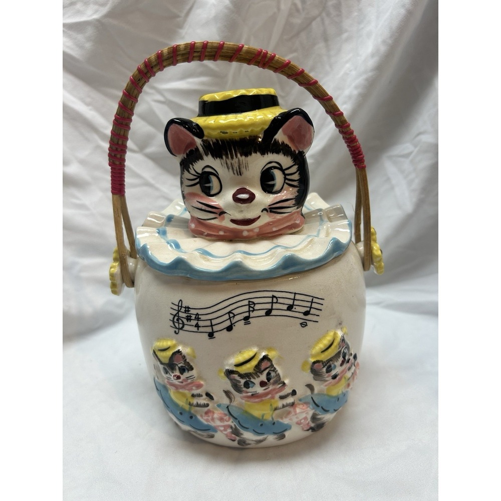 VTG 50s Chase Japan Dancing Cats Cookie Biscuit Jar & Lid